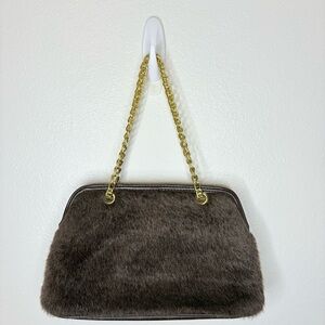 Victoria's Secret Rapture Brown Faux Fur Shoulder Bag with Gold Chain Y2K